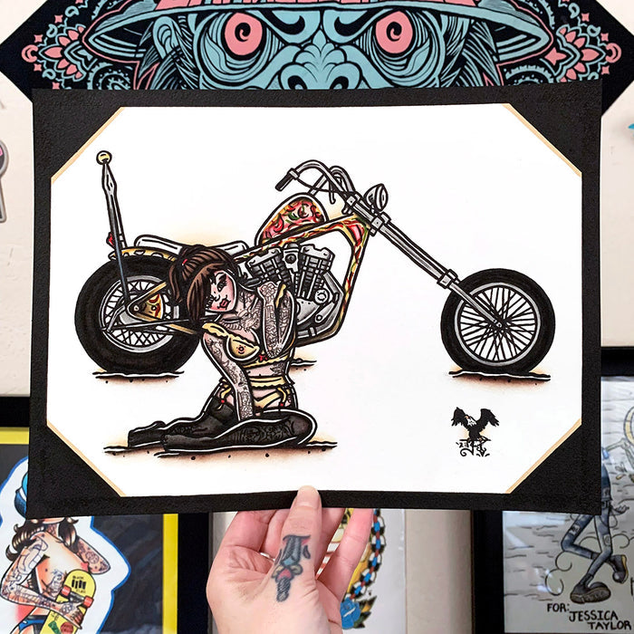 American traditional tattoo flash illustration 1971 Harley Davidson Ironhead Chopper Pinup painting.
