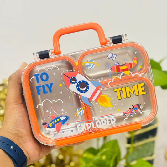 3-grid stainless steel lunch box with separate compartments, durable food-grade construction, secure lid, and a compact design to keep meals organized for school, work, and travel.