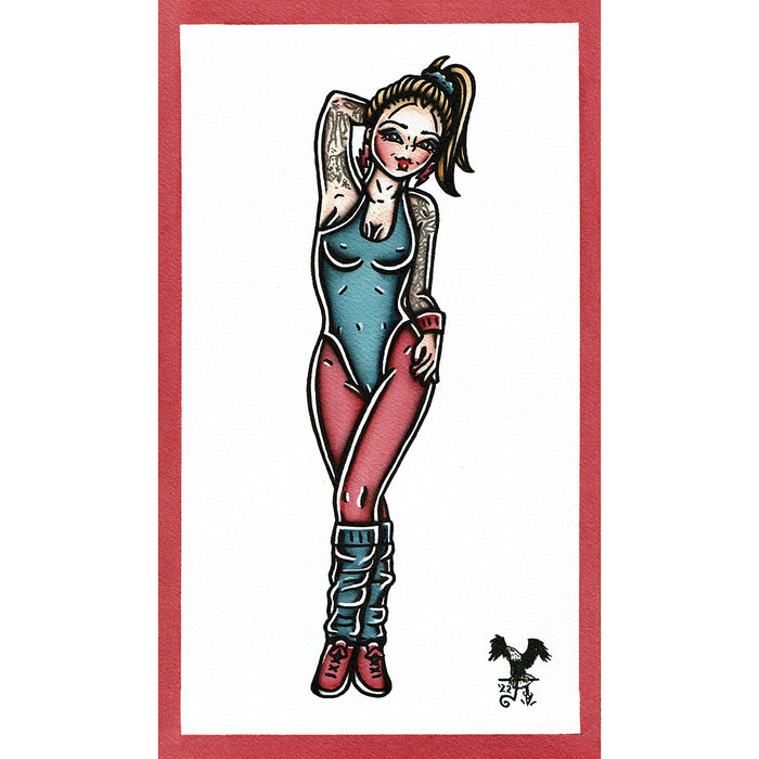 American traditional tattoo flash 1980s aerobics pinup watercolor painting.