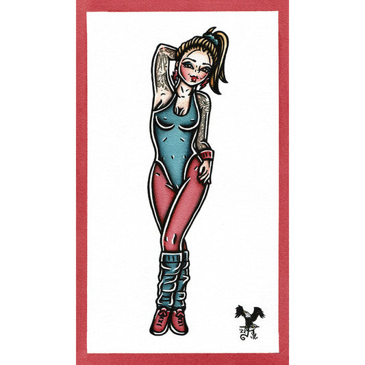 American traditional tattoo flash 1980s aerobics pinup watercolor painting.