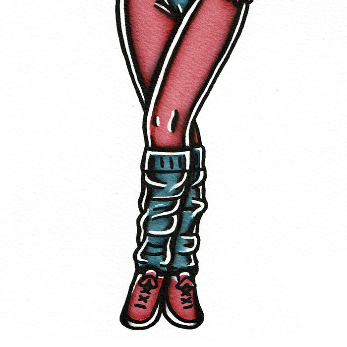 American traditional tattoo flash 1980s aerobics pinup watercolor painting.
