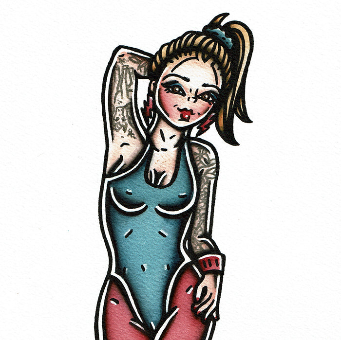 American traditional tattoo flash 1980s aerobics pinup watercolor painting.