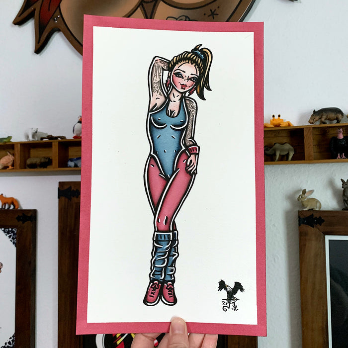 American traditional tattoo flash 1980s aerobics pinup watercolor painting.