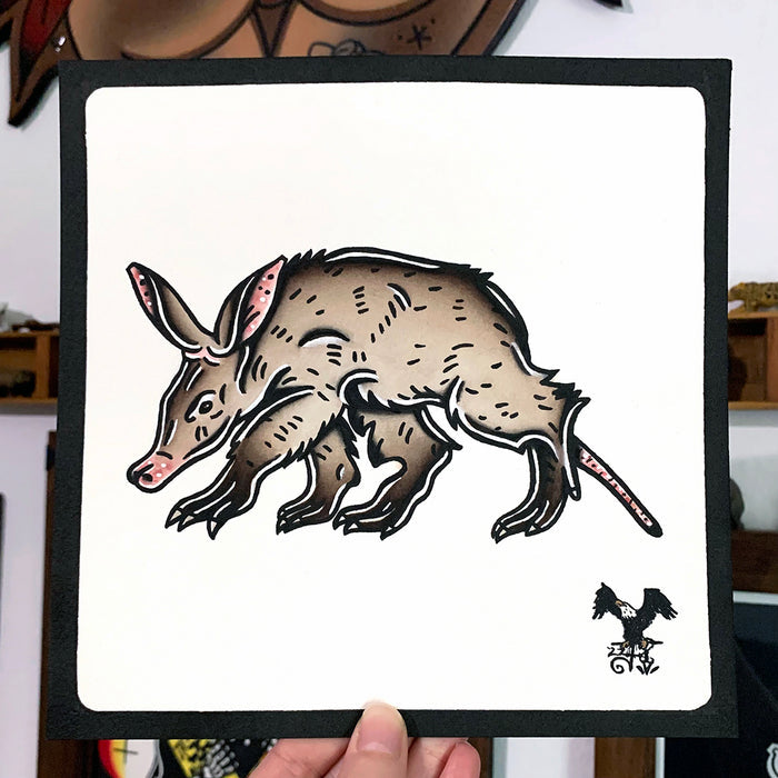 American traditional tattoo flash wildlife illustration Aardvark ink and watercolor painting.
