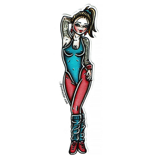 American traditional tattoo flash 1980s Aerobics Pinup watercolor sticker.
