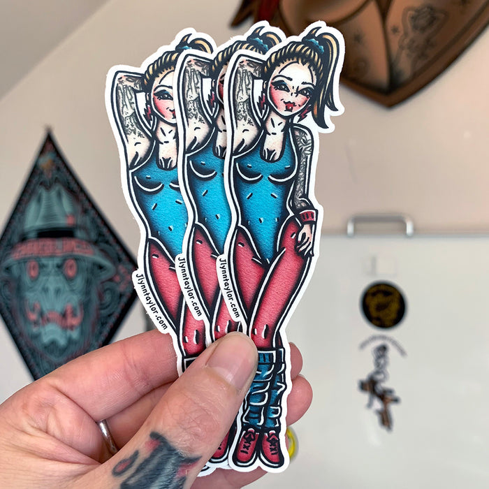 American traditional tattoo flash 1980s Aerobics Pinup watercolor sticker.