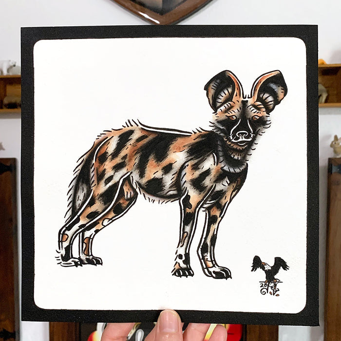 American traditional tattoo flash wildlife illustration African Wild dog ink and watercolor painting.