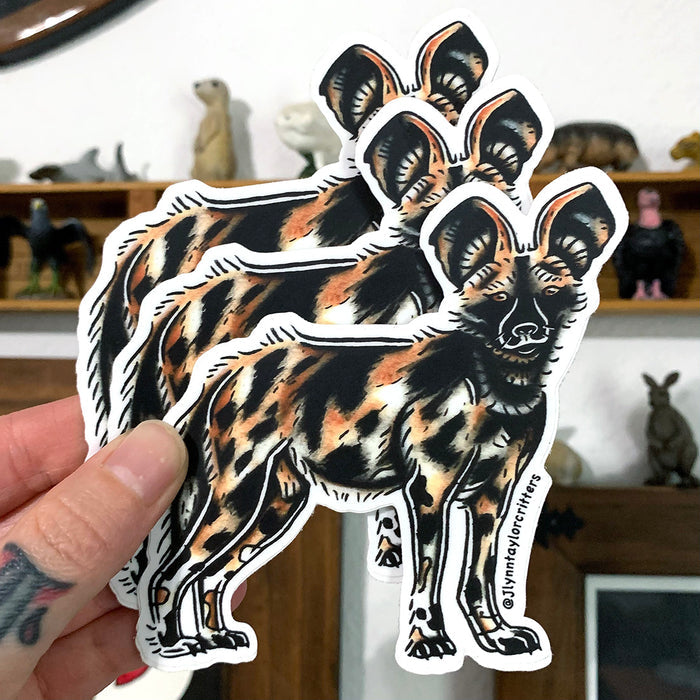 American traditional tattoo flash African Wild Dog wildlife watercolor sticker.