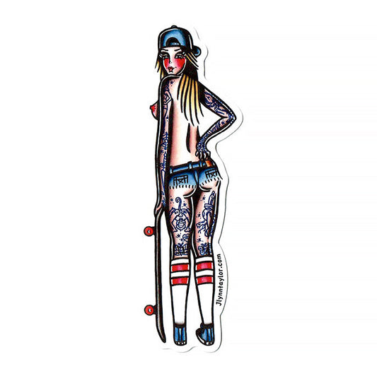American traditional tattoo flash skateboard pinup watercolor sticker.
