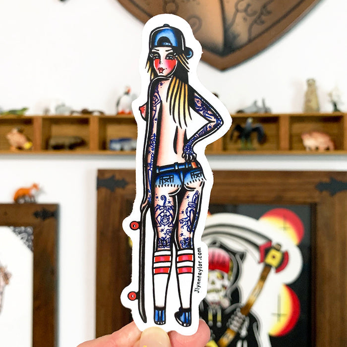 American traditional tattoo flash skateboard pinup watercolor sticker.