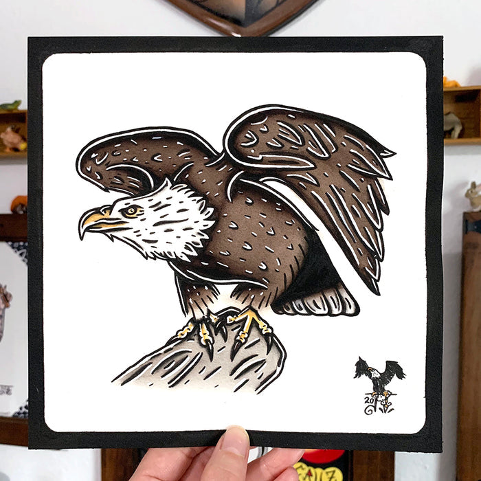American traditional wildlife illustration Bald Eagle ink and watercolor painting.