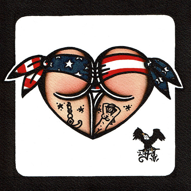 American traditional tattoo flash illustration American Flag USA Scrunch Butt Booty Heart watercolor painting..