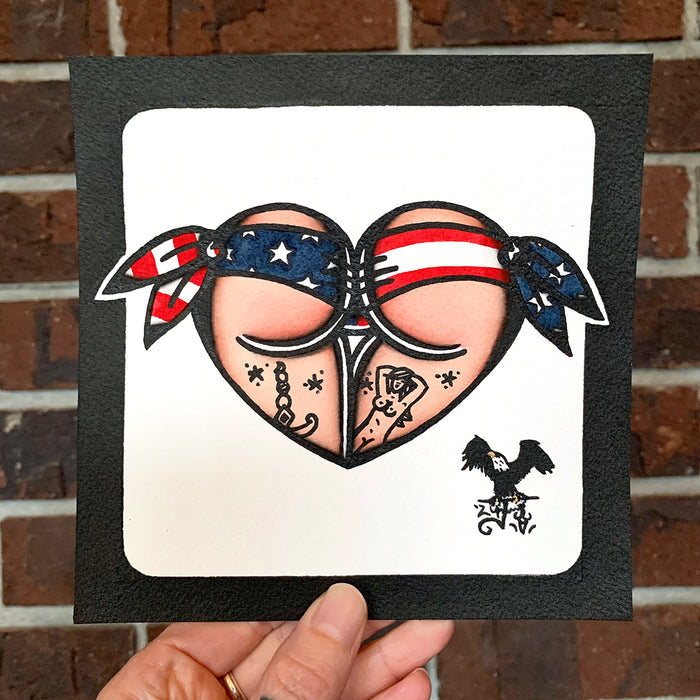American traditional tattoo flash illustration American Flag USA Scrunch Butt Booty Heart watercolor painting..