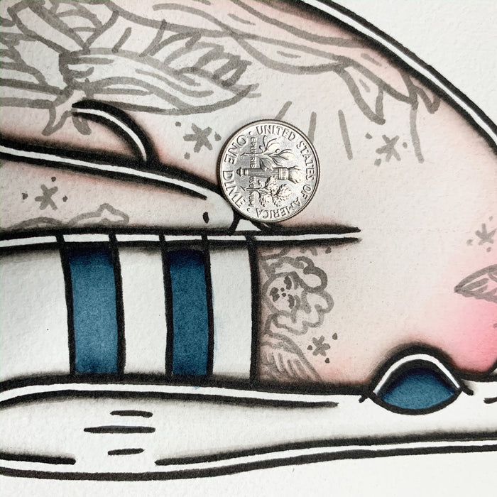 American Traditional tattoo flash sexy tattooed pinup in socks spitshade painting.