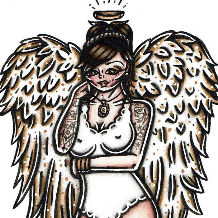 American Traditional Tattoo Flash Angel Pinup Painting.