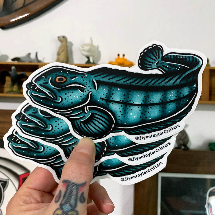 American traditional tattoo flash Atlantic Wolffish wildlife watercolor sticker.