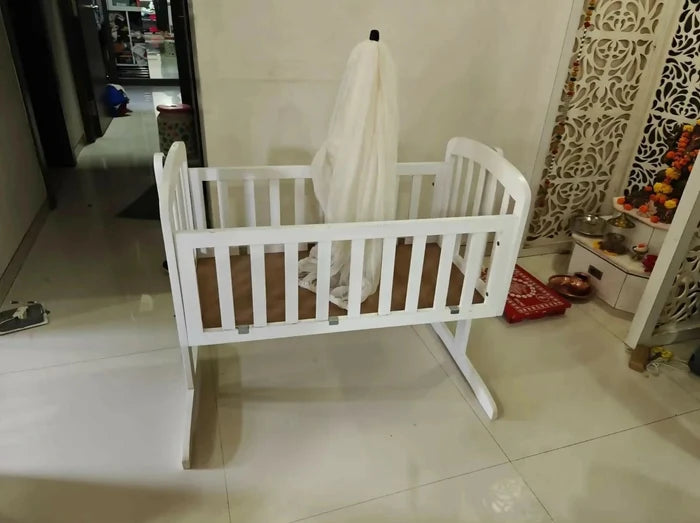 BABYHUG Joy Wooden Cradle with Mosquito Net - White mattress included