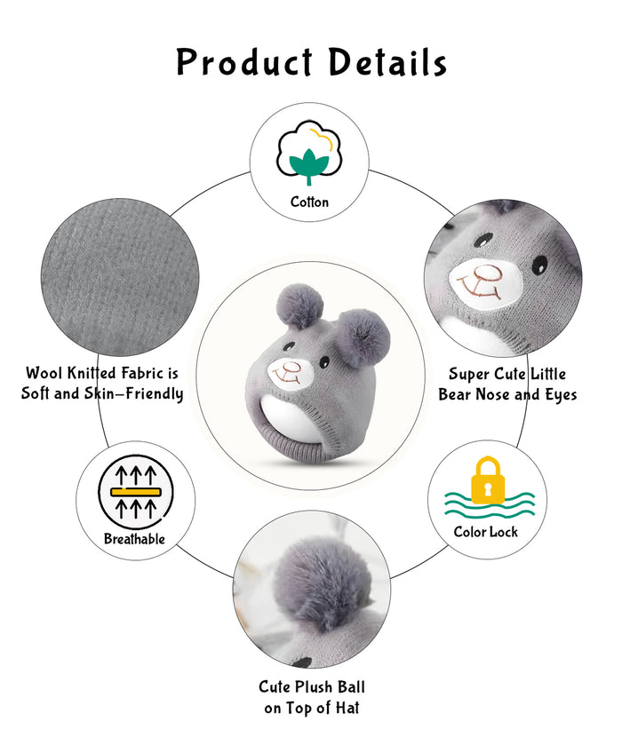 Babymoon Baby Bear Winter Ear Protection Cap Kids Hat Boys Girls Cap | 0-24M | Grey
