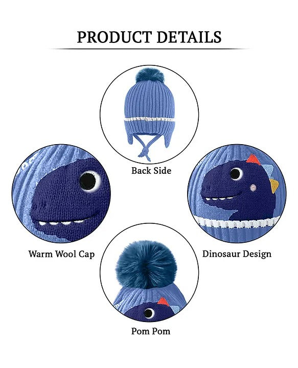Babymoon Baby Dinosaur Design Cap with String Winter Kids Hat Boys Girls Caps | Blue | 1-15 Years