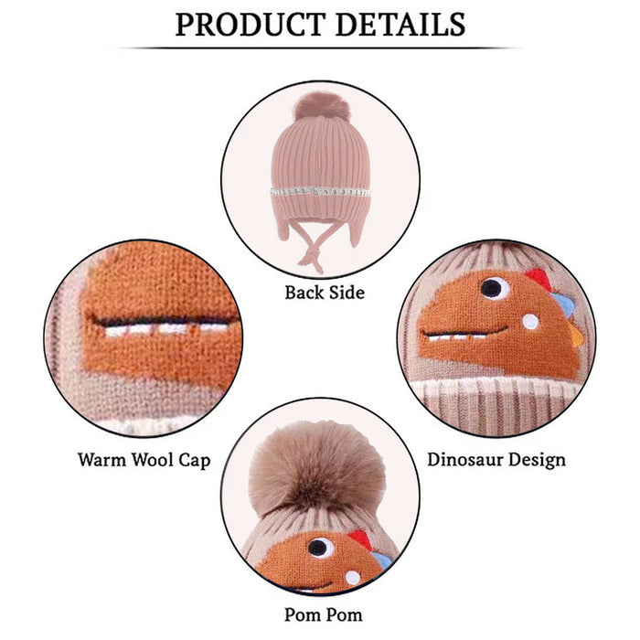 Babymoon Baby Dinosaur Design Cap with String Winter Kids Hat Boys Girls Caps | Brown | 1-15 Years