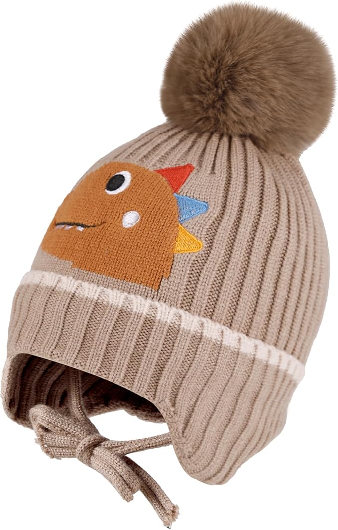 Babymoon Baby Dinosaur Design Cap with String Winter Kids Hat Boys Girls Caps | Brown | 1-15 Years