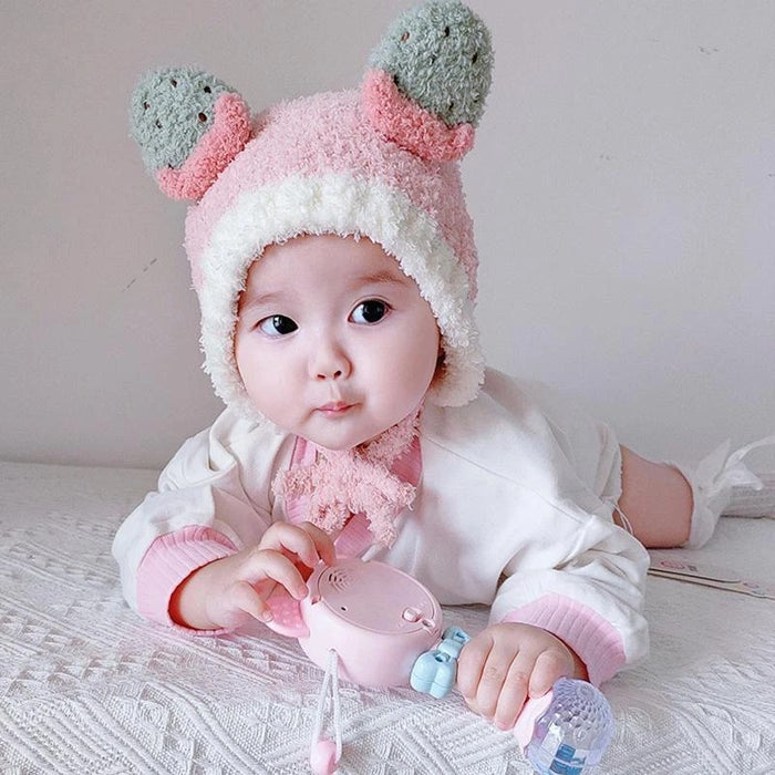 Babymoon Baby Fruit Strawberry Design Ear Cap with String Winter Kids Hat Boys Girls Cap | Pink | 2-8 Year