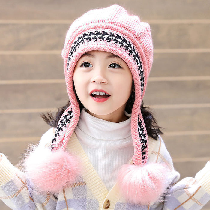 Babymoon Baby Velvet Earflap Cap Winter Kids Hat Long Pom Pom Ears | Ears Protection | 2-10 Year | Pink
