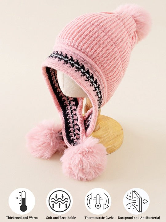Babymoon Baby Velvet Earflap Cap Winter Kids Hat Long Pom Pom Ears | Ears Protection | 2-10 Year | Pink