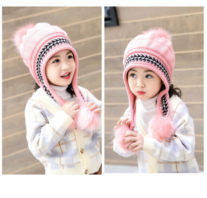 Babymoon Baby Velvet Earflap Cap Winter Kids Hat Long Pom Pom Ears | Ears Protection | 2-10 Year | Pink