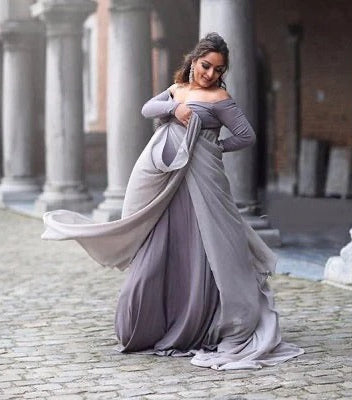 Babymoon Full Sleeve Long Tail Maternity Gown Dress | Grey