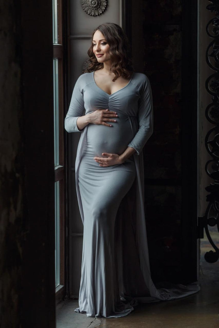 Babymoon Full Sleeve Long Tail Maternity Gown Dress | Grey