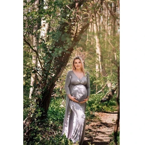 Babymoon Full Sleeve Long Tail Maternity Gown Dress | Grey