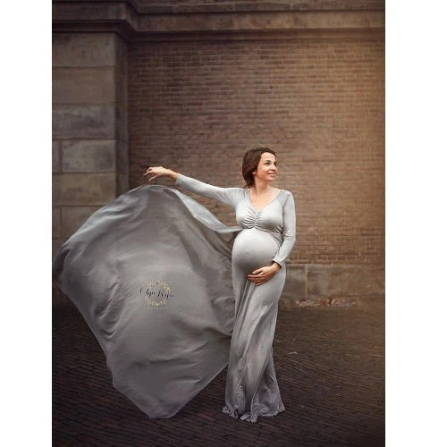 Babymoon Full Sleeve Long Tail Maternity Gown Dress | Grey