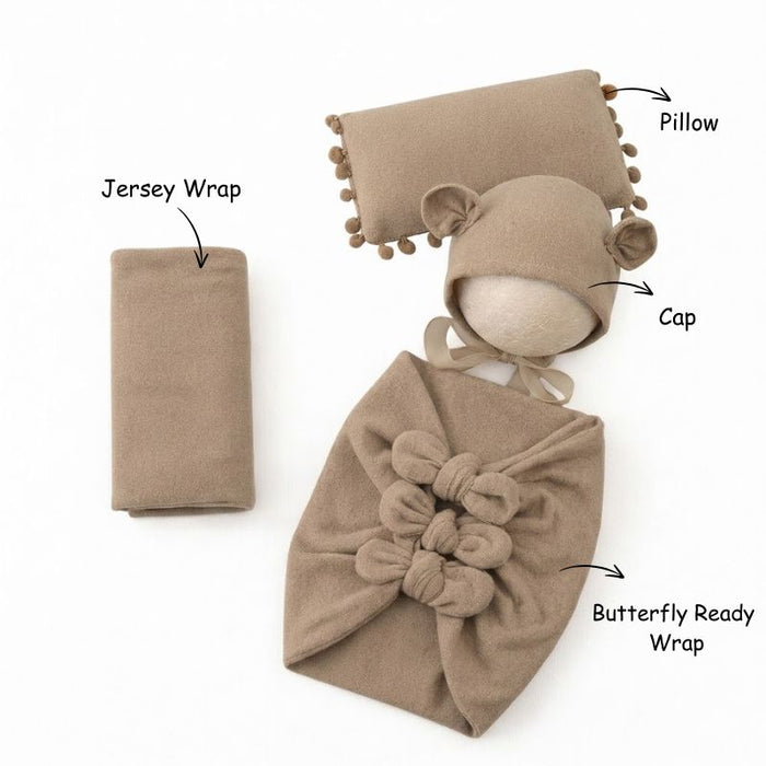 Babymoon (Set Of 4) Butterfly Ready Wrap, Jersey wrap, Pillow & Cap Baby Photography Props-Light Brown