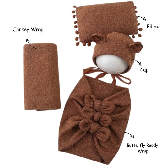 Babymoon (Set Of 4) Butterfly Ready Wrap, Jersey wrap, Pillow & Cap Baby Photography Props-Dark Brown