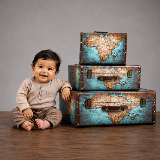 Babymoon Vintage Wooden Suitcase | Set of 3 |  Baby Photography Props | Decorative Add-ons | Globe Design