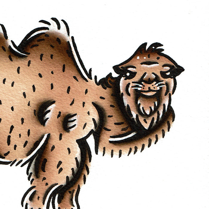American traditional tattoo flash wildlife illustration Bactrian Camel ink and watercolor painting.