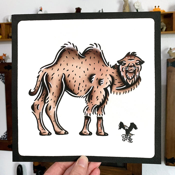 American traditional tattoo flash wildlife illustration Bactrian Camel ink and watercolor painting.