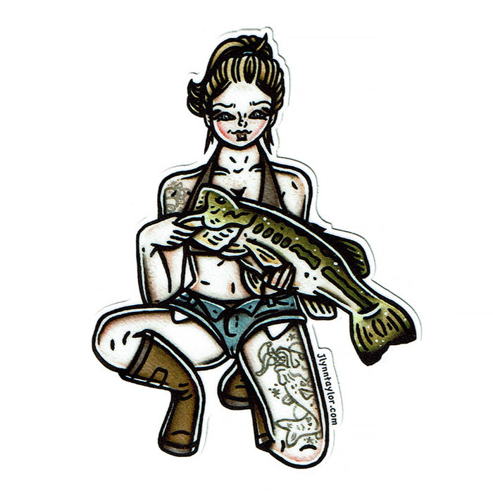 American traditional tattoo flash illustration Bass Fishing Pinup watercolor sticker.