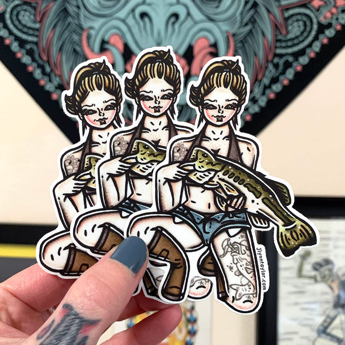 American traditional tattoo flash illustration Bass Fishing Pinup watercolor sticker.