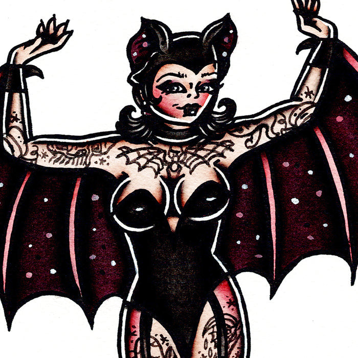 American traditional tattoo flash Halloween Bat Pinup ink and watercolor painting.