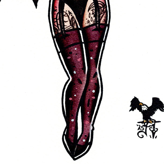 American traditional tattoo flash Halloween Bat Pinup ink and watercolor painting.