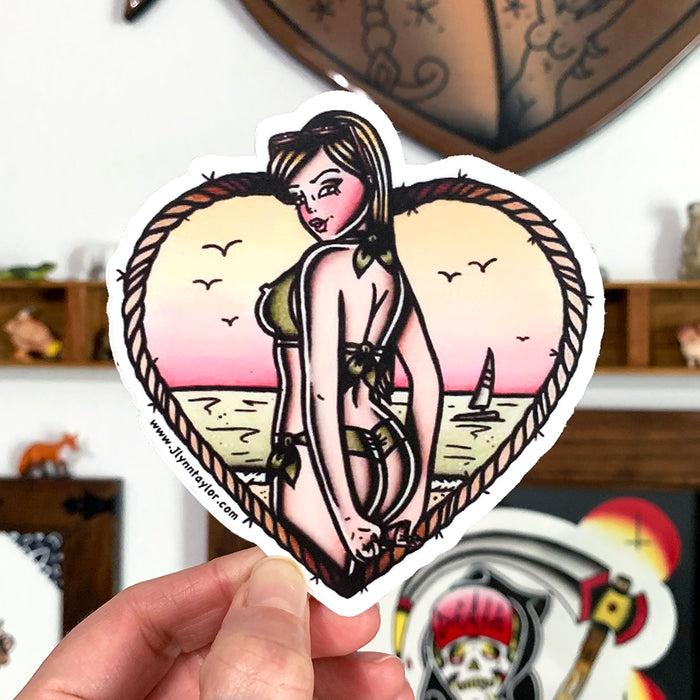 American Traditional tattoo flash beach bunny pinup sticker.