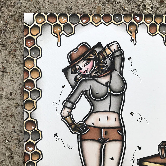 American Traditional tattoo flash sexy beekeeper pinup spitshade painting.