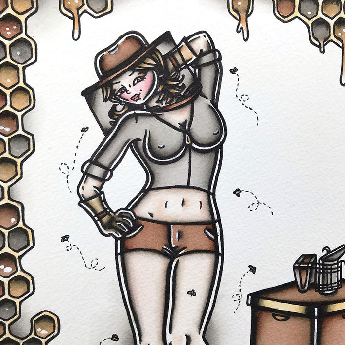 American Traditional tattoo flash sexy beekeeper pinup spitshade painting.