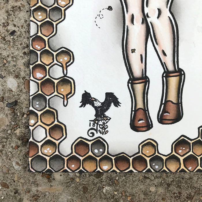 American Traditional tattoo flash sexy beekeeper pinup spitshade painting.
