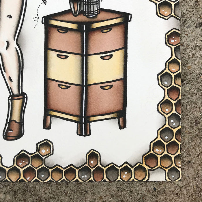 American Traditional tattoo flash sexy beekeeper pinup spitshade painting.