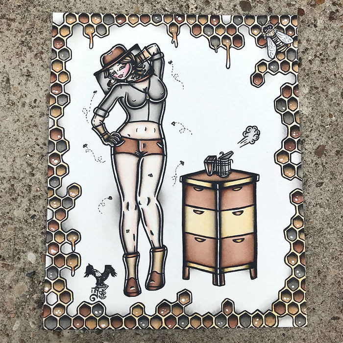 American Traditional tattoo flash sexy beekeeper pinup spitshade painting.