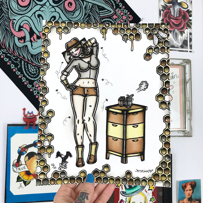 American traditional tattoo flash sexy beekeeper pinup print.