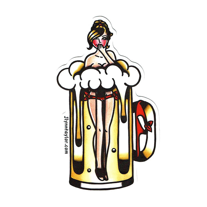 American traditional tattoo flash illustration Beer Pinup watercolor sticker.